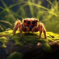 A cute red spider with black eyes sitting on a log. Generative AI.