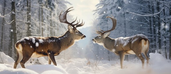 In the winter wonderland of nature a majestic white tailed deer with impressive antlers roams the snow covered forest engaging in spirited sparring matches with other bucks during the rut