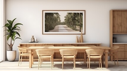 Living room of dining room interior with mock up poster frame, stylish table, rattan chair, wooden kitchen island, white chocker, plants, kitchen hood and personal accessories  - obrazy, fototapety, plakaty