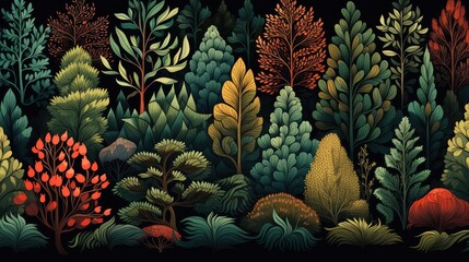 Fototapeta premium Forest wallpaper with trees in autumn colors