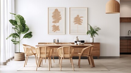 Living room of dining room interior with mock up poster frame, stylish table, rattan chair, wooden kitchen island, white chocker, plants, kitchen hood and personal accessories 