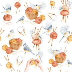 Watercolor pattern with birds, a basket of yarn and wooden knitting needles.