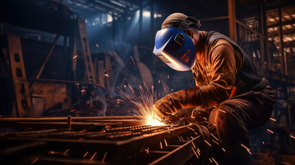 Welder erecting technical steel. Industrial steel welder in factory technical - obrazy, fototapety, plakaty