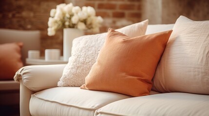 Fototapeta na wymiar Fabric Sofa Close Up - White & Terra Cotta