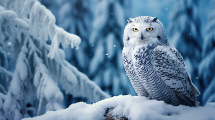 Snowy Owl, Bubo Scandiacus, perched on a post making eye contact with piercing yellow eyes. Light snowfall
