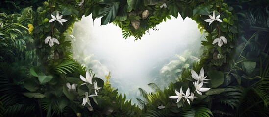 In the isolated depths of a lush green forest a heart shaped frame made of white leaves stands as a symbolic border encapsulating the love and beauty found in the tropical paradise of natur