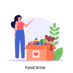 Fototapeta na wymiar Happy woman holds a plate of soup, food box in hands. Concept of food drive, social care, volunteering, support and help for poor people, food donation. Cartoon flat vector illustration for web banner