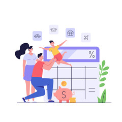 Family budget planning. Yong couple with child saving money and planning with piggy bank, calculator and coins. Concept of Family money, household finance. Vector illustration in flat cartoon design