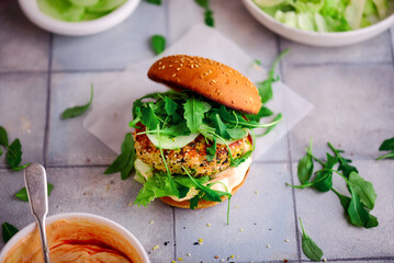 Fish burger with shriracha mayo sauce