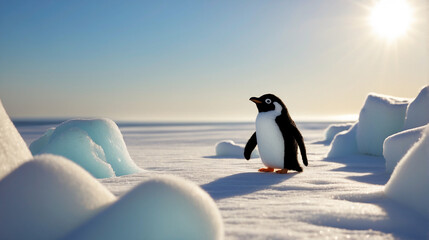 Fototapeta premium Happy felted penguin in sunny snowy felted heaven sea ice - AI Generative