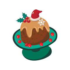 Cartoon Christmas pudding decorated with holly, Santa hat and snowflake.Festive dish for sweet dessert.Winter holiday cooked meal for Xmas party.Vector food illustration isolated on white background.