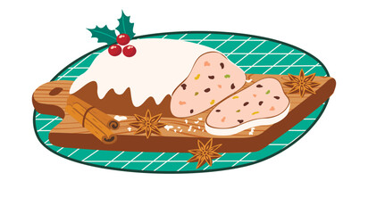 Christollen on wooden board, cinnamon sticks and anise stars.German christmas cake for winter holidays party.Fruit bread with holly and covered with fudge sugar.Vector cartoon food illustration.