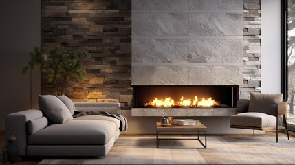 Fireplace Decorated with Stone Tiles in Minimalist Style