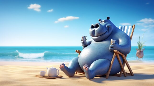 Funny Cartoon Fat Hippo Sitting on Broken Beach Chair