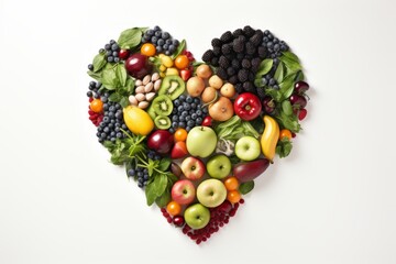 colorful heart shaped arrangement of fresh fruits and vegetables on white background, top view