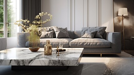 Gray Fabric Sofa and Marble Stone Coffee Table