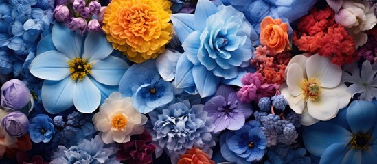 In the enchanting garden amidst the vibrant burst of colors a stunning floral spectacle took shape as the blue petals of the flower blossomed portraying the beauty of spring in a colorful bo