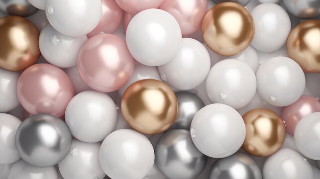 Heap of Shiny Pink, White, Silver, and Golden Balloons