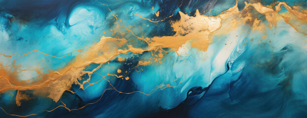 Fototapeta na wymiar Liquid Gold and Blue Abstract Painting