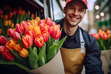  A man from a flower delivery service holding a bouquet of fresh, colorful tulips on a street - 678879784