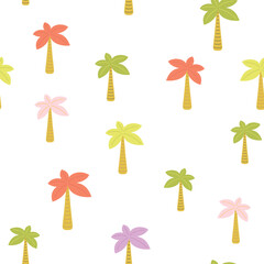 palm tree trendy seamless pattern, flat vector design, tropical forest plants textile ornament, coconut palm trees on white, fashion textile print