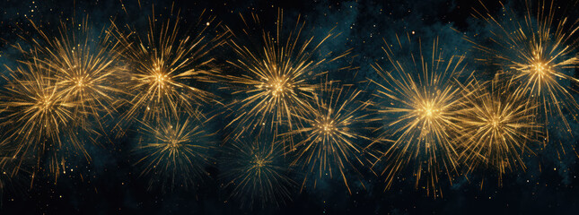 Festive Fireworks Frame on Dark Gold and Blue Background