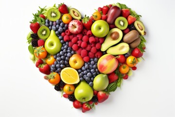 Heart shaped fruit and vegetable arrangement on white background, top view   vibrant and fresh.
