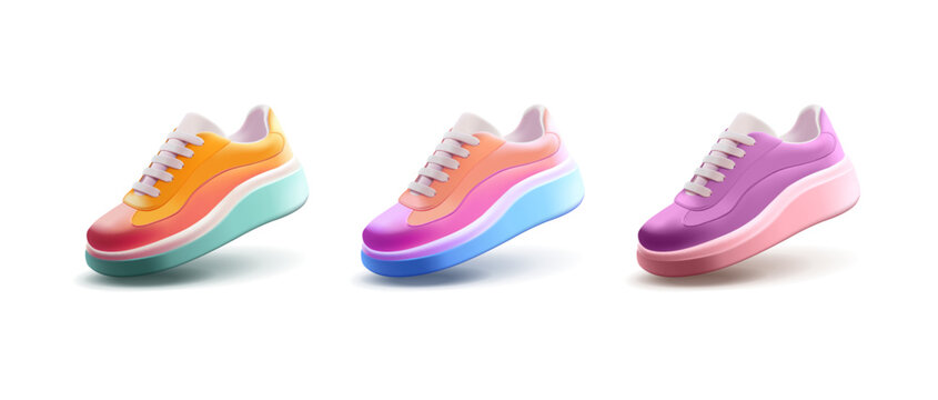 Set of 3D-colored modern sneakers for women and men. For the concept of sports, shops, web design, lifestyle, and design of comfortable shoes. A set of sneakers on a white background.