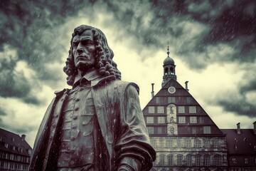 Statue of Gottfried Wilhelm Leibniz, the famous German philosopher and scientist. In the background of Leipzig and storm. - obrazy, fototapety, plakaty