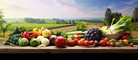 Fotobehang isolated summer farm surrounded by picturesque nature a white table is set background with an abundance of colorful fruits and fresh green vegetables representing the perfect harmony between © TheWaterMeloonProjec