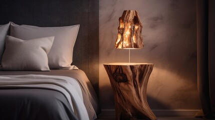 Rustic Interior Design with Natural Log Lampshade Near Bed