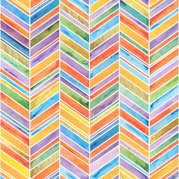 Abstract watercolor multicolor brushstrokes holiday chevron seamless pattern