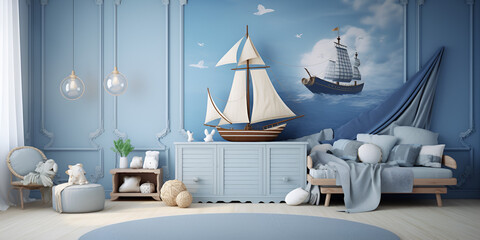 Cozy Nautical Kids Room Interior Background -3D Rendered