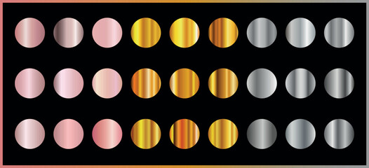 Gold rose, silver, holographic, bronze and golden foil texture gradation background set. Vector shiny hologram and metalic gradient collection for border, frame, ribbon, label design
