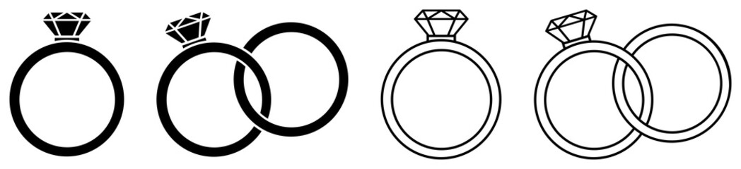 Wedding ring set icon. Silhouette and outline illustration. Jewelry and marriage image. Gemstone rings. - obrazy, fototapety, plakaty