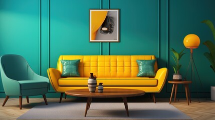 Retro Interior Design with Teal Sofa and Yellow Accent Chair