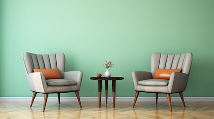 Two Armchairs near Light Green Wall - Mid-Century Style