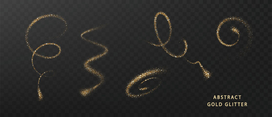 Golden sparkling comet tail. Gold glitter abstract wave isolated on dark.