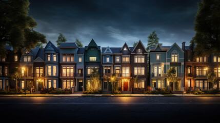 Naklejka premium Townhouses line up, their dark facades whispering urban tales