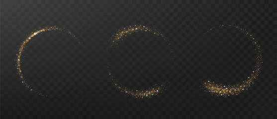 Gold glitter circle with glittering dust and shimmery particles. Realistic shiny ring or swirl, round frame of flare trail with isolated. Christmas shooting star trail.