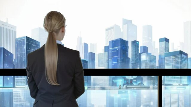 Business woman overlooking city skyline  