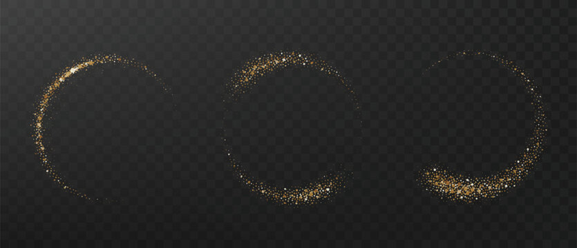 Gold glitter circle with glittering dust and shimmery particles. Realistic shiny ring or swirl, round frame of flare trail with isolated. Christmas shooting star trail.