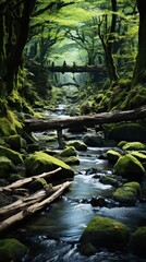 Fototapeta premium tranquil forest stream with a wooden footbridge uhd wallpaper