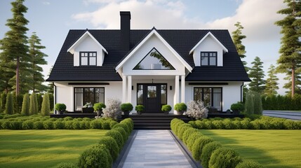 White Family House with Black Pitched Roof Tiles - obrazy, fototapety, plakaty
