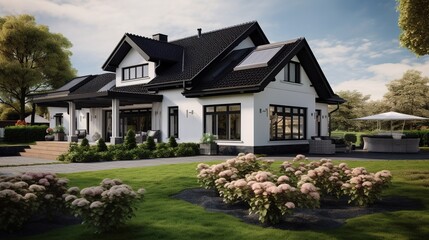 Fototapeta na wymiar White Family House with Black Pitched Roof Tiles