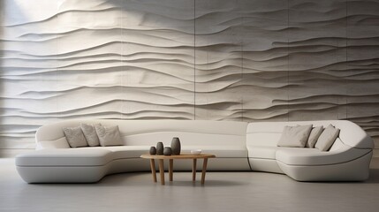 Fototapeta na wymiar Unique Wavy Stone 3D Panel Wall White Sofa