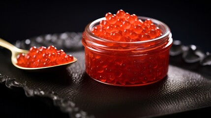 Red caviar in a glass jar on a black background. Close-up.
