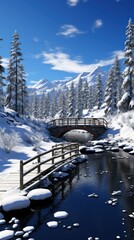 tranquil winter pond with a wooden footbridge uhd wallpaper