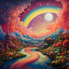 Moon rainbow vibrance joyful beautiful image Ai generated art