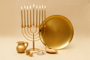Jewish religious holiday Hanukkah with holiday Hanukkah (traditional candelabra) and dreidel. Golden baner